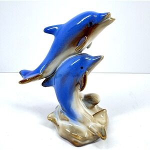 Vintage Ceramic Dolphin Pair Figurine Blue Brown Ocean Coastal Decor 6" Tall